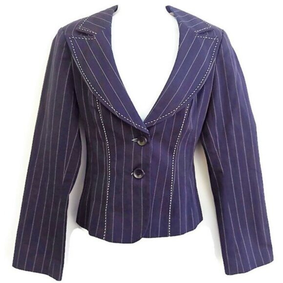 Nanette Lepore Blue Cotton Blazer Coat Pin Stripe Fitted White Top Stitching USA - Picture 1 of 7